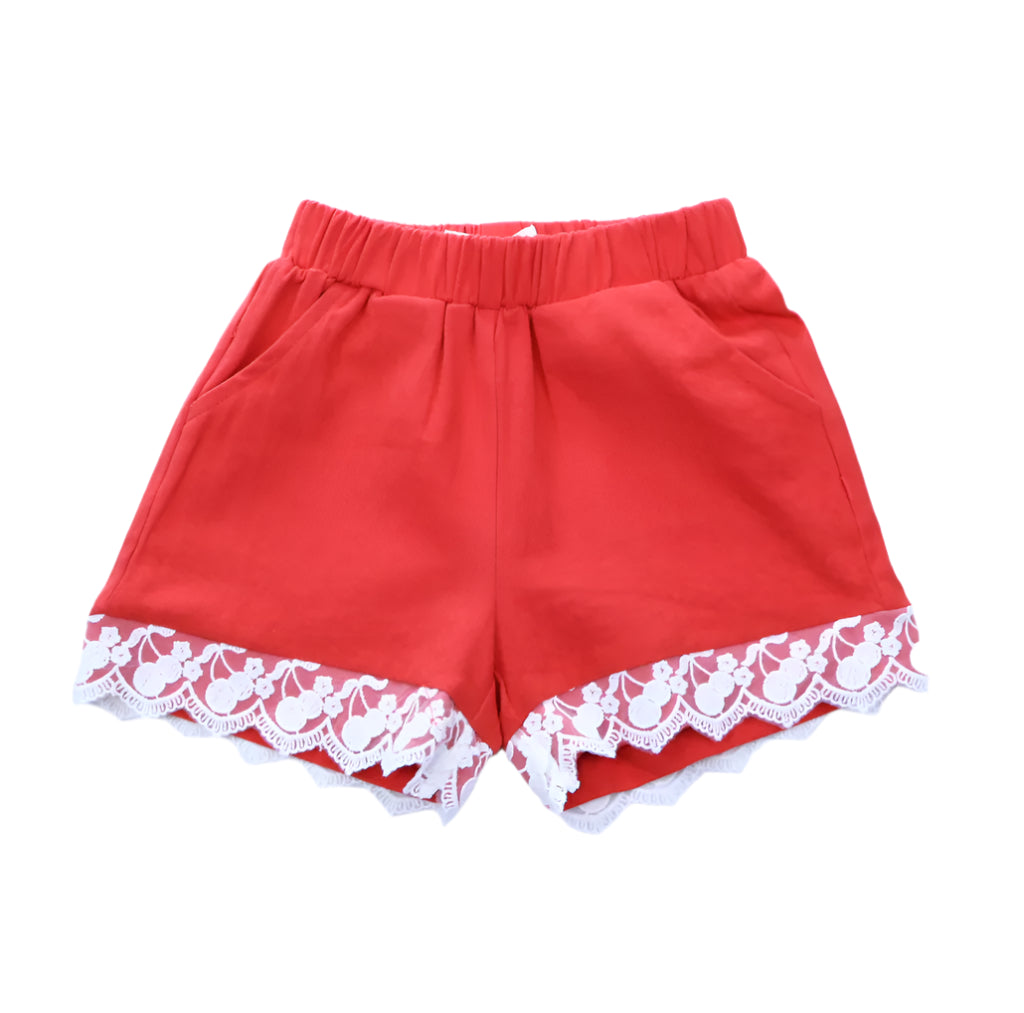 DOE A DEAR RED Elastic Shorts w/ Cherry Lace Hem